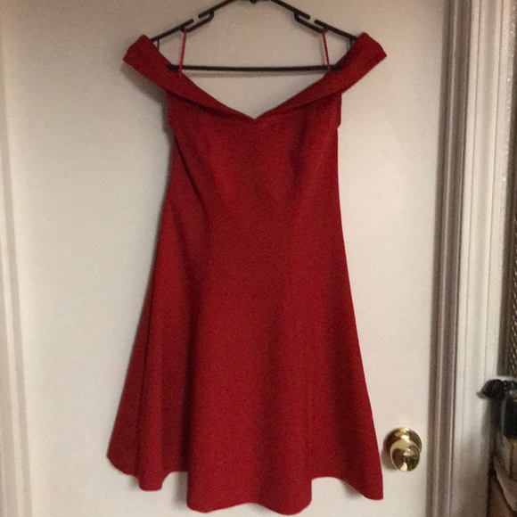 red off the shoulder fit and flare dress